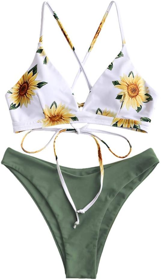 ZAFUL Women's Sexy Triangle Bikini Set Floral Print Spaghetti Strap 2 Piece Swimsuit Crisscross High Cut Bathing Suit - Image 3