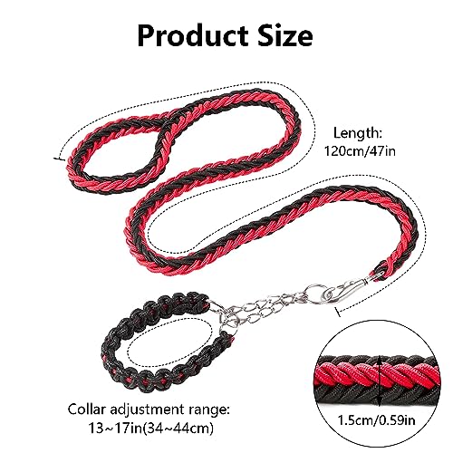 Rope Dog Lead, Strong Dog Leash with Collar, Nylon Eight Strand Braided Dog Slip Leads for Large Medium Small Dogs (Black Red, 120CM) - Image 3