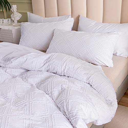 Loussiesd Tufted Chenille Bedding Set Clipped Jacquard Diamond Comforter Cover Single Size Luxury Solid White Geometric Duvet Cover Set For Kids Teens Women Men Bedroom Decor,Soft - Image 2