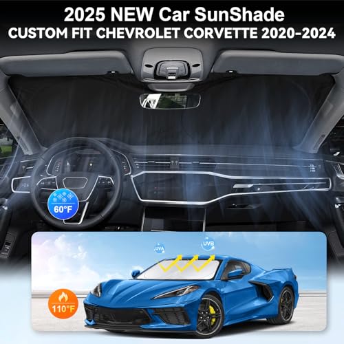 Sunshade for Chevy Corvette Windshield Sun Shade for Chevrolet Corvette C8 2020-2024 2025 2026 Grand Sport Corvettes Accessories Foldable Sun Visor Protector Front Window Shield Cover Block UV Rays
