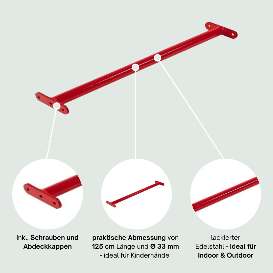 h2i barra de gimnasia para niños - barra horizontal de acero - para jardín y habitación infantil - barra de dominadas para exterior e interior - barra para gimnasia en rojo - longitud 125 cm