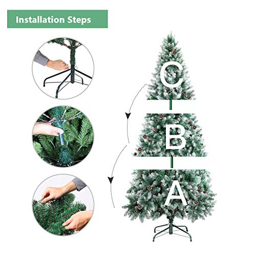 SHareconn 7.5ft Unlit Artificial Hinged Christmas Tree Snow Tree with Pine Cones, 2000 Branch Tips and Metal Stand