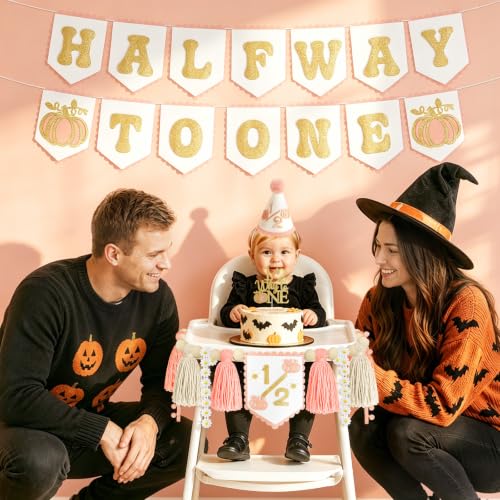 Image of 1 /2 Birthday Girl Half Birthday Decorations-Pink Pumpkin Half Way to One | 6 Months Birthday Decorations; High Chair Banner Boy;Wooden Cake Topper; Half Birthday Hat; Thanksgiving Day Decorations