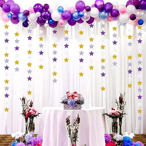 Image of Purple-Lavender White-Gold Party-Decorations Star Garland - 62ft Streamers Hanging Banner,Girl Birthday Wedding Twinkle Twinkle Little Star Baby Bridal Shower Graduation Decor Hugtmr