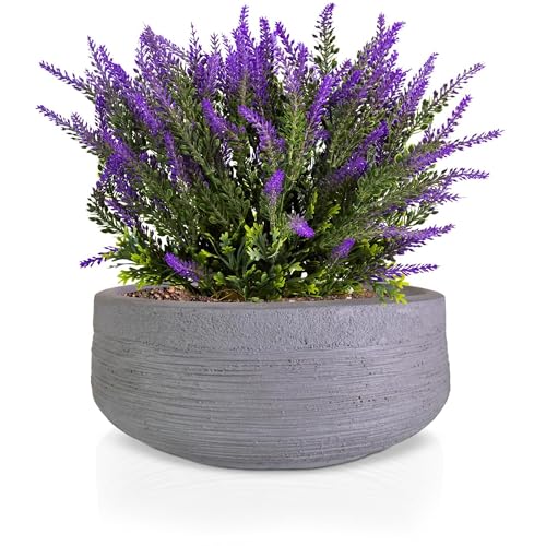 IDEALIST 12 Inch Garden Bowl Planter | Bonsai Pot with Drainage Holes | Ribbed Grey Reinforced Stone Succulent Plant Pot D31 H12 cm, with Inner Top D27 cm, 6 litres
