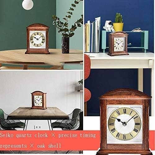 Retro Table Clock Oak Finish Wooden Mantel Clock with Pendulum Silent Quartz Clock Battery Powered Roman Character Clock Shelf Clocks
