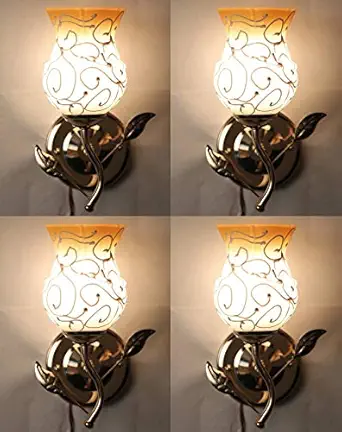 R.S Traders Fancy Round Glass Light Wall Lamp with Metal Fitting and All Fixture (Yellow, 40 Watts) - Set of 4(Electric)