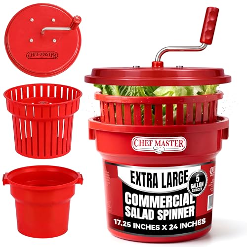 5 Gallon Chef Master Commercial Salad Spinner Dryer – Hand Powered Manual Lettuce Spinner and Fruit Washer Bowl w/ Strainer - Sealed Gearbox, Built In Brake System - Durable Spinner Mechanism - 90005