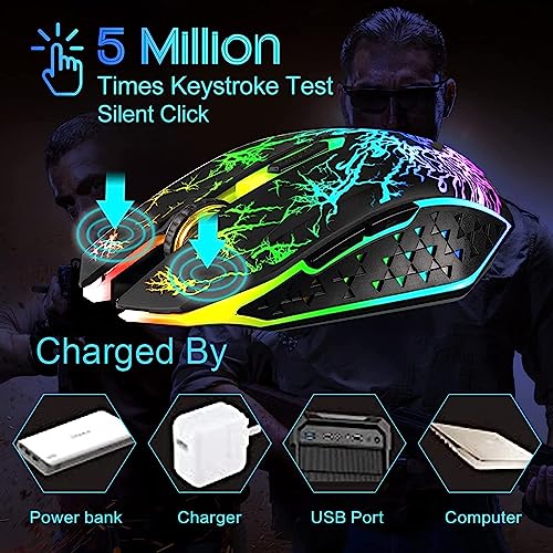 VEGCOO Gaming Maus Kabellose Mouse Gaming Silent Optical Sensor mit 1600/1200/800 DPI PC Maus Gaming mit 7 Lichtmodellen (schwarz)