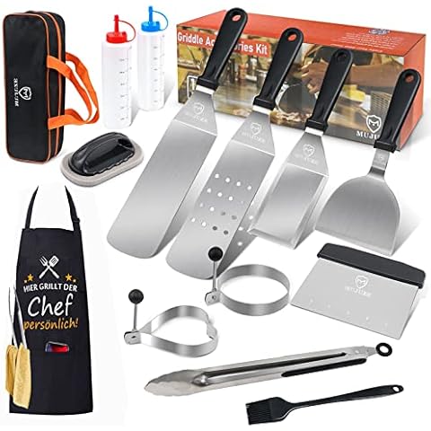 MUJUZE Barbecue griddle Spatula Stainless Steel Set,Flat Top Griddle Accessories in Case,Professional Grill Scraper Spatula Gift for Men/ Dad, BBQ Tools Set Accessories for Grilling Teppanyaki Camping Cover