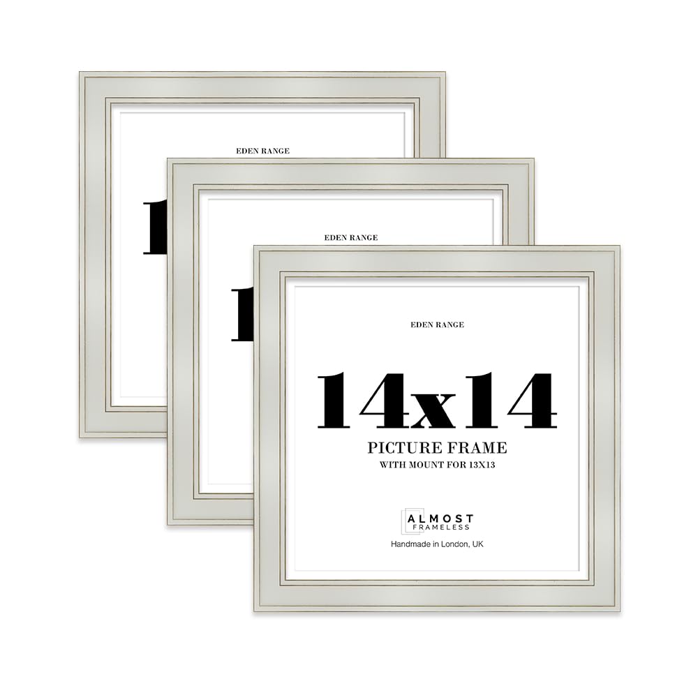 14x14" Light Grey Square Picture Frame with 13x13" Mount - Shabby Chic Photo Frame with Distressed Finish, Gold Trim, Wall Hooks, 37mm Edge - 3 Pack