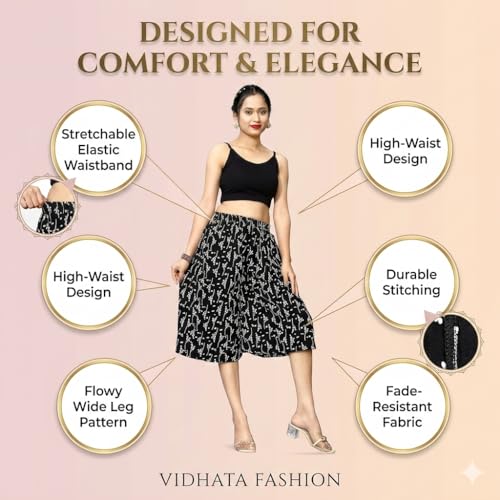 Image of Viscose Rayon Flared Printed Plazzo Palazzo Pants, Loose /Relaxed Fit Regular, Office Wear, Casual Wear Comfortable, Trouser Pants for Girls & Women Black Kerri Design (S to 3XL Size)