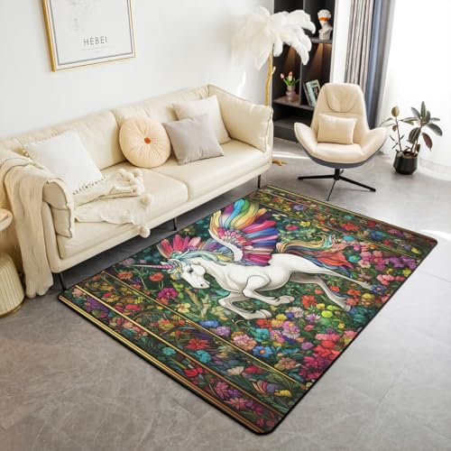 Cartoon Unicorn Wing Kids Area Rug,Daisy Flowers Leaves Rustic Mats Rugs for Boys Girls,Tale Castle Animal Boho Bath Carpets,Watercolor Retro Bath Rugs,Absorbent Floor Mats,5'x6'6''