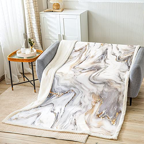 Loussiesd Marble Fleece Throw Blanket Grey Gold Marble Plush Blanket for Kids Adults Abstract Geometric Marble Texture Sherpa Blanket Crack Brick Fuzzy Blanket for Sofa Bed,Single 50x60 Inch