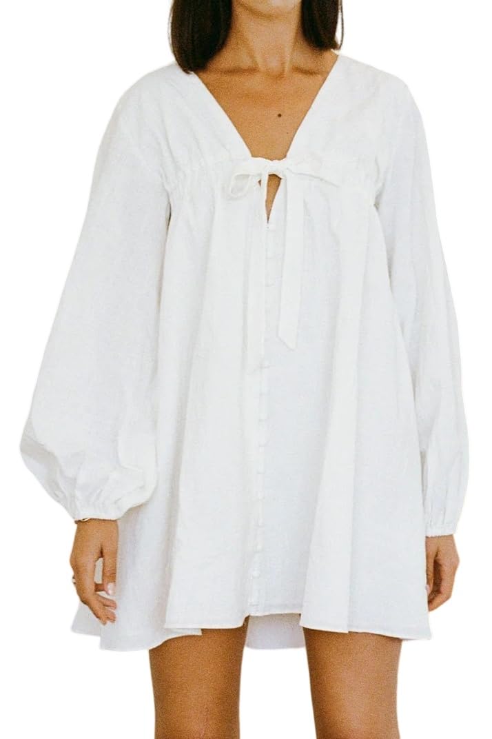 Women's Casual Long Puff Sleeve Mini V Neck Dress