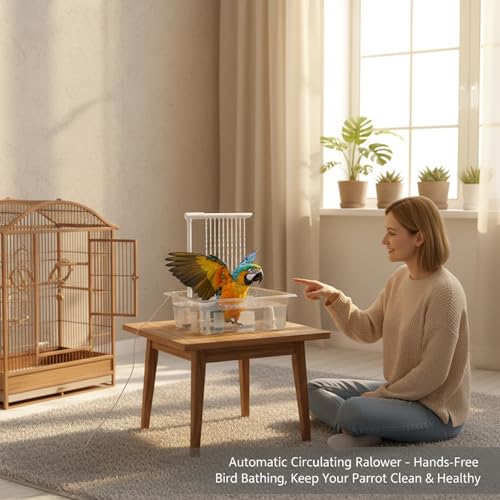 Baño automático para pájaros con simulación de lluvia para periquitos y aves 6
