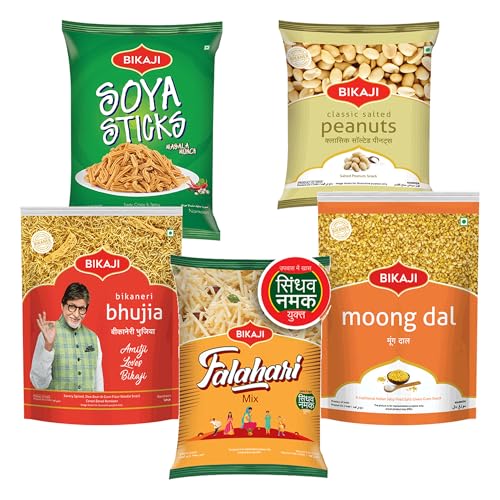 Bikaji Snacks Combo – SOYA STICKS & SALTED PEANUT & BHUJIA & FALHARI MIX & Moong Dal | 5 Pack Variety | Bar Snacks, Party Mix & Tea-Time Treats – 1 Kg