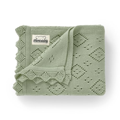 Image of mimixiong Baby Swaddle Blanket 100% Cotton Gender Neutral Pointelle Receiving Blanket for Boys Girls Cuddle Stroller Crib Blanket (Sage Green)