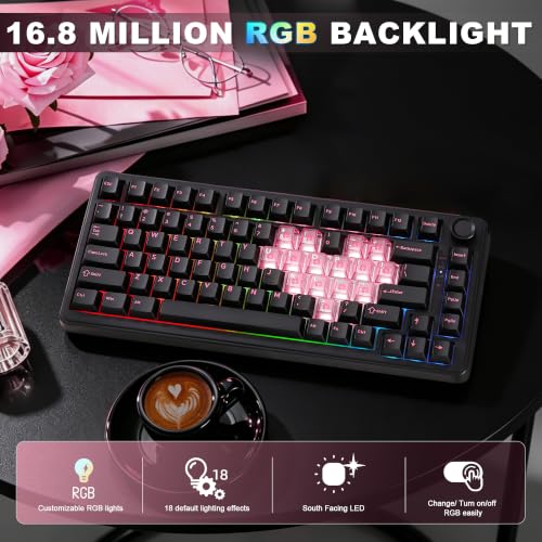 Image of YUNZII B75 PRO Wireless Mechanical Keyboard,75% Layout with Knob,Hot Swap Gasket Structure,Creamy Pre-lubed Switches,RGB Backlit,Bluetooth /Type-C /2.4G for Win /Mac (Black Heart, Cocoa Cream V2 Switch)