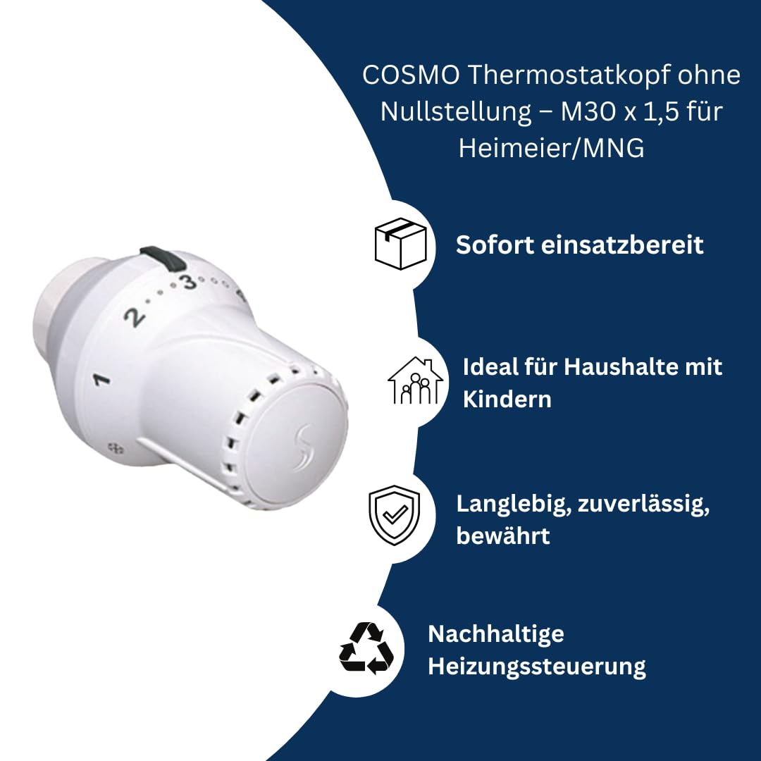 Thermostatkopf ohne Nullstellung M30 x 1,5 für Heimeier & MNG – 5er Set + Entlüftungsschlüssel 5 mm Vierkant Metall – manuelle Heizkörper-Regelung, klare Skala