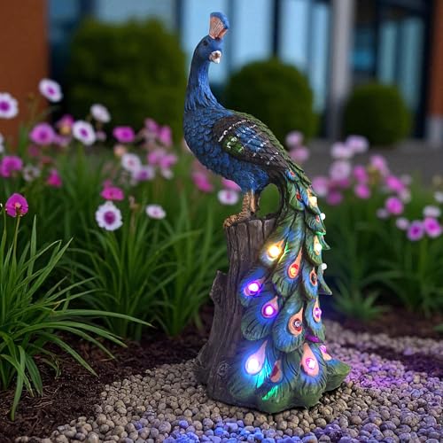Arnusa Pfau Gartenfigur mit Solarbeleuchtung – 31 cm LED Figur mit...
