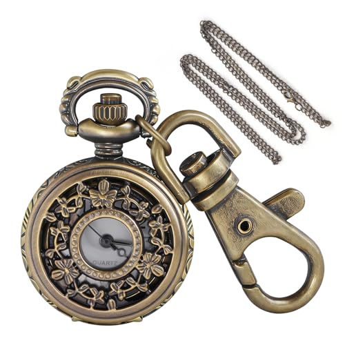 Tiong Garland-Hollowed Retro Men's Quartz Pocket Watch Keychain, Portable Round