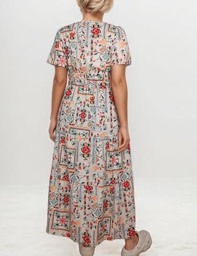 Image of Women's Summer Boho Maxi Dresses Floral V Neck Tiered Short Sleeve Long Dress Flowy Beach Vacation Dress with Pockets