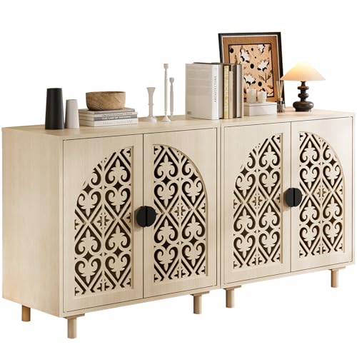 Oakault Storage Sideboard Cabinet, 60 x 32 x 16 inches, 4 Doors with Decorative Carved Panels, Natural Wood. (2pcs)