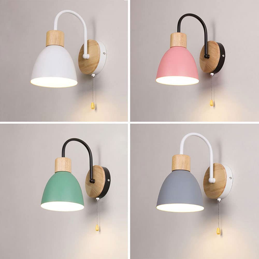 Applique Murale Moderne de Style Nordique, câblée - Lampe en Bois avec Interrupteur à Tirette - Idéale pour la Chambre, Le Chevet, Le Bureau, Le Couloir ou l'entrée (Blanc-Gris)