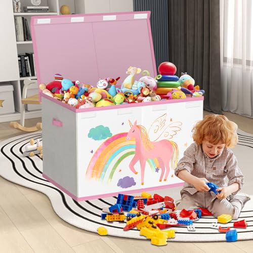 VERONLY Spielzeugkiste Aufbewahrungsbox mit Deckel Kinderzimmer- 83L Faltbar Groß Spielzeug Aufbewahrung Kinder karton mit Griffen für Mädchen Kinderzimmer Bücher Schlafzimme(Beige&Rosa)