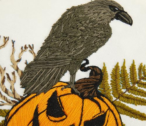 Image of Crafmanoe Halloween Embroidery Starter Kits for Beginners Adults, Fall Pumpkin Stamped Cross Stitch Kits for Beginners Adults, Crow Gothic Embroidery Needlepoint Kits, Hoops, Fabric and Video Tutorial