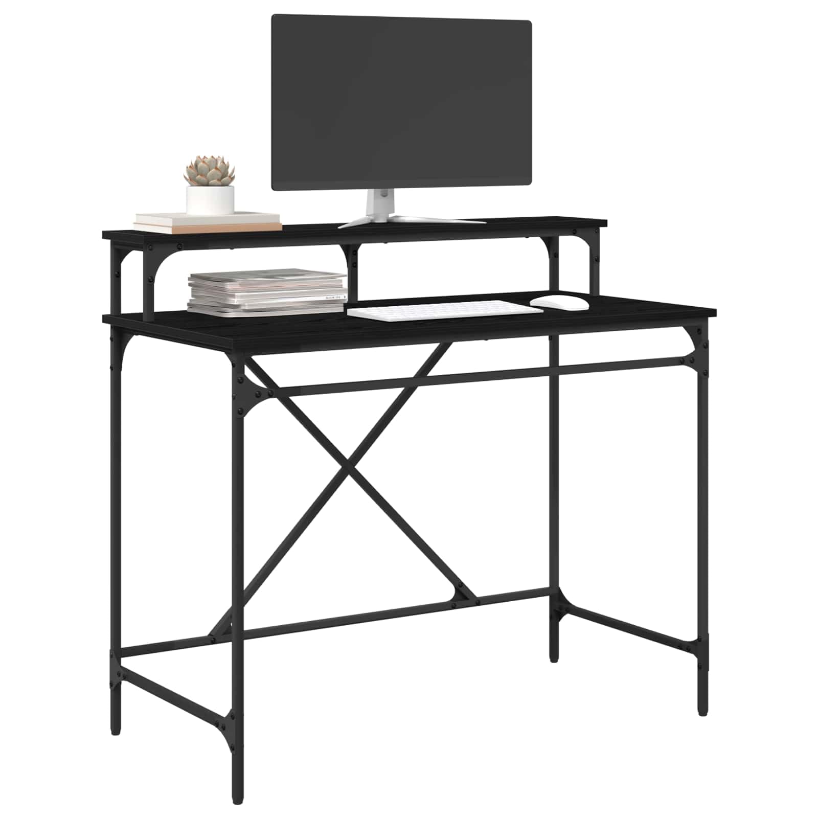 Bureau chêne Noir en Bois d'ingénierie 100 x 50 x 90 cm avec étagère, Meuble de Rangement pour Poste de Travail Informatique, Bureau Compact pour télétravail et Espace étudiant