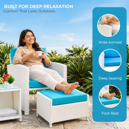 Image of DEVOKO Valencia Outdoor 5 Piece All Weather Rattan Wicker Patio Sofa Set with Water Resistant Cushioned Chairs with Glass Top Table & Ottomans for Garden, Pool, Porch, Backyard (White & Sky-Blue)