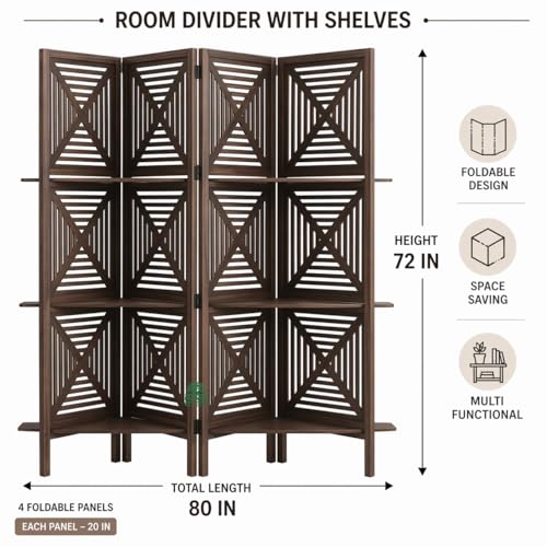Image of Wooden Room Divider 6 Feet, 4-Panel Folding Wooden Partition for Living Room, Office, Pooja Room, Restaurant, Kitchen & Balcony (2W x 1.82H Meters). (Coffee-Shelves)