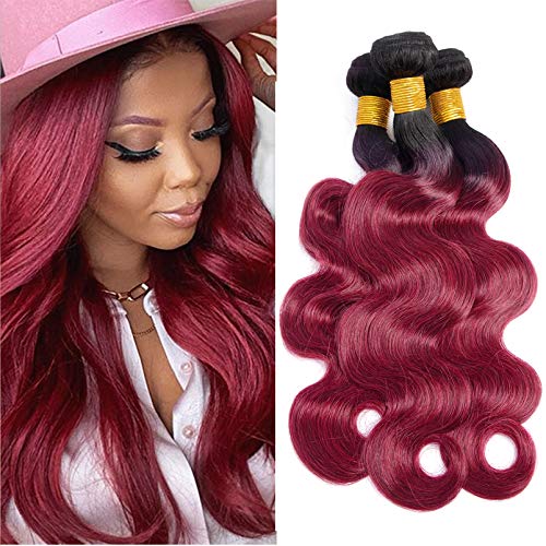 Burgundy Human Hair Bundles 1B/99J Two Tone Hair Silky And Soft Remy Hair 3 Bundle Black To Wine Red Brazilian Body Wave Thick Hair Bundles Grade 9A Wet And Wavy 14 16 18 Inch