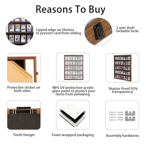 Image of KCRasan 35 Graded Sports Card Display Case - Baseball Card Display Case Lockable - Trading Card Collector Wall Display Holder for Basketball Football Cards, UV Protection Acrylic, Walnut