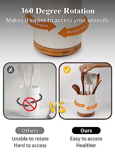 Image of LoeJan 3 Compartment Utensil Holder, Extra Large Utensil Crock, Stable Ceramic Utensil Organizer, Cooking Tool Organizer Set for Kitchen Counter Farmhouse Decor (C-White(Grossy))