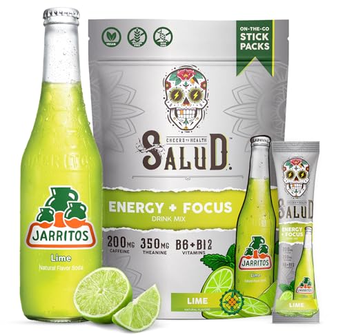 Image of Salud x Jarritos 2-in-1 Energy Drink Powder + Focus, Lime, Organic Caffeine, B6 + B12, Theanine, Clean Energy Drink Packets, Limon Agua Fresca Mix, Non-GMO, Gluten Free, 1g of Sugar, (15 Servings)
