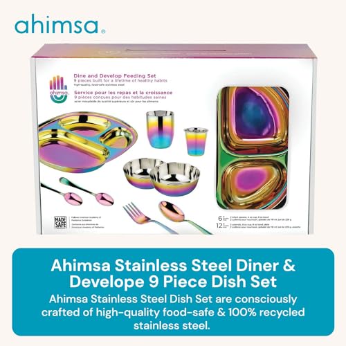 Ahimsa-Stainless-Steel-Dinnerware-Set-9-Piece-Dine-Develop-Set-Pediatrician-Designed-Toddler-Dinner-Set-100-BPA-Free-Dishwasher-Safe-Kids-Stainless-Steel-Plates-and-Bowls-Rainbow