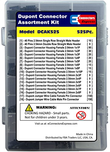 eConnectorsExpress Dupont Connector Kit with PCB 2.54mm Pitch Pin Headers, Dupont Single Row Female Housing and Male/Female Pins (525)