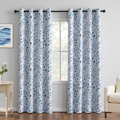 Image of MYSKY HOME Blue Leaf Curtains 84 Inch Length for Bedroom Grommet 2 Panels | Room Darkening Thermal Insulated Privacy Protection Window Drapes for Living Room Dining Room, Each Panel 52 inch W, 2 Panels