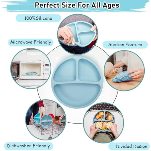 Image of BabyGo Silicone Suction Plates for Baby Microwave,Dishwasher, Freezer Safe Unbreakable with 4 Suction Cup Feeding Plate for Baby & Toddlers, BPA Free (Blue)