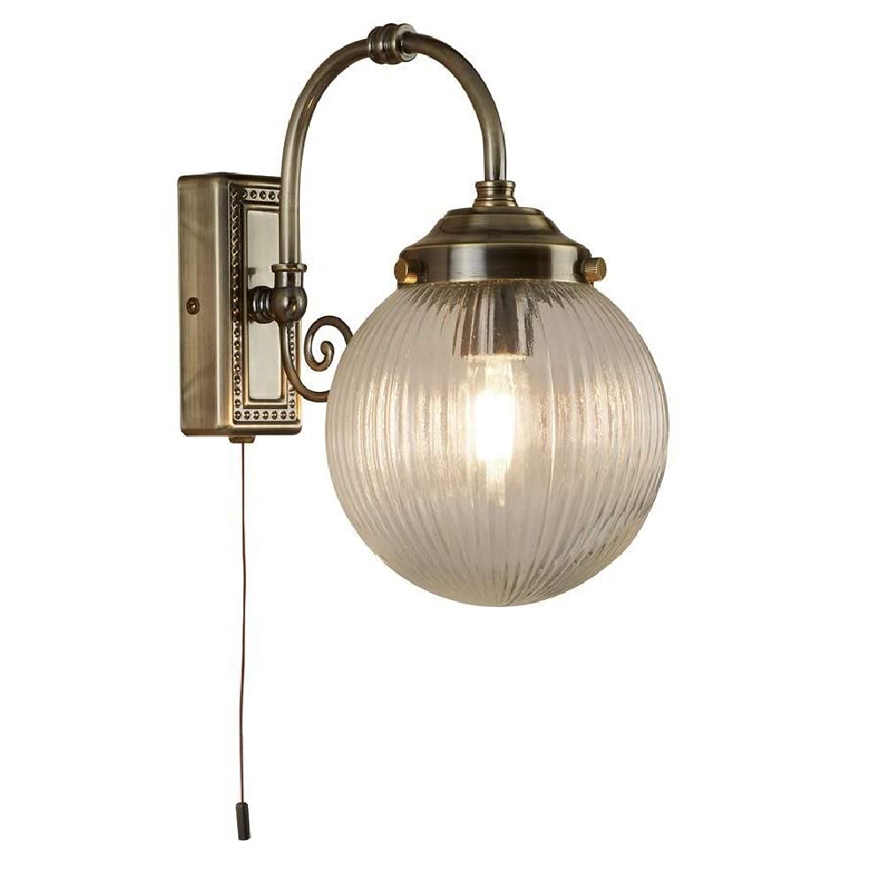Britalia Antique Brass & Clear Ribbed Glass Bathroom Vintage Switched Wall Light | 1 x E14 SES Lamp Bulbs Required (Not Included) | IP44 Rated | Suitable for Outdoor Use