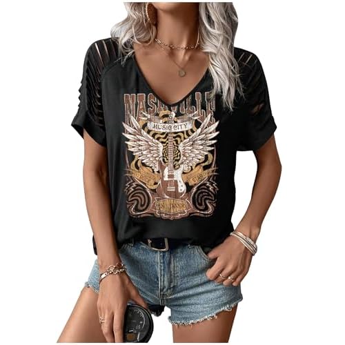LANMERTREE Cut Out V Neck T Shirts Nashville Outfits for Women Casual Loose Shirt Country Music Graphic Tee Shirts