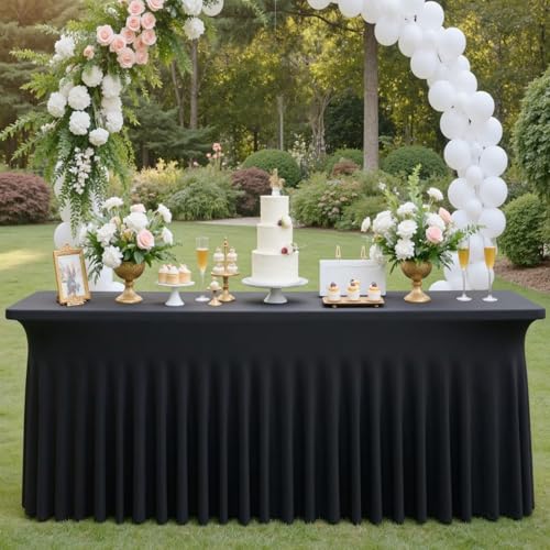 Image of 2 Pack Black Spandex Tablecloth 6ft with Ruffled Skirt,Wrinkle Free High Stretch Fitted Tablecloths for 6 Foot Rectangle Tables,Pleated Elastic Spandex Table Covers 6ft for Parties Wedding Banquet