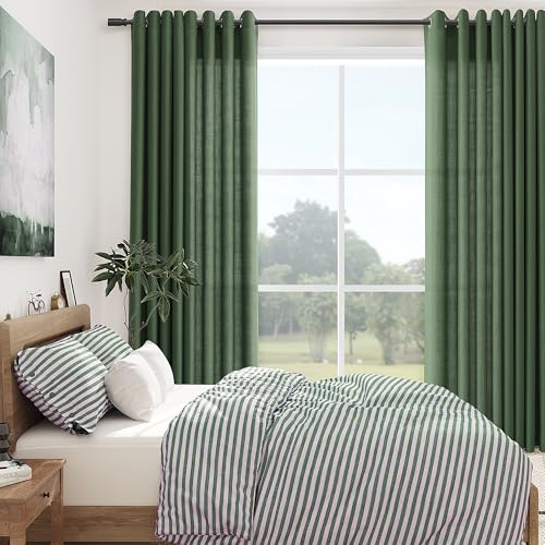 Image of Extra Long Olive Green Linen Curtains 102 Inches Length for Living Room 2 Panels Set Grommet Top Sunlight Filtering Semi Sheer Curtain Linen Blend Soft Drapery for Dining Room Windows 52x102