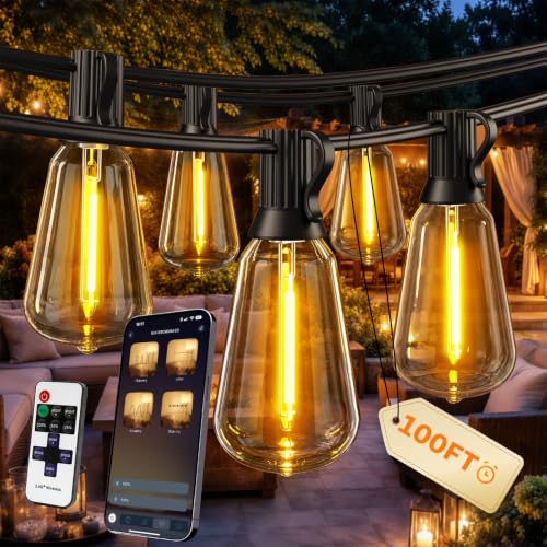 Ecoeve Outdoor String Lights 100FT Patio Lights for Outside Smart App & Remote Control with Timer Dimmable with 4 Scene Modes Warm White Waterproof LED Bulbs for Garden Yard and Backyard Decor