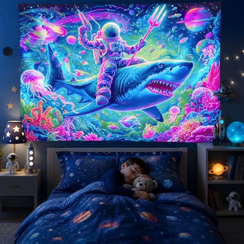 Image of BlissYard Neon Space Astronaut Shark Black Light Tapestry UV Reactive Psychedelic Underwater Galaxy Wall Hanging for Living Room Bedroom Dorm Room Bar Party Decor 78x59 Inch