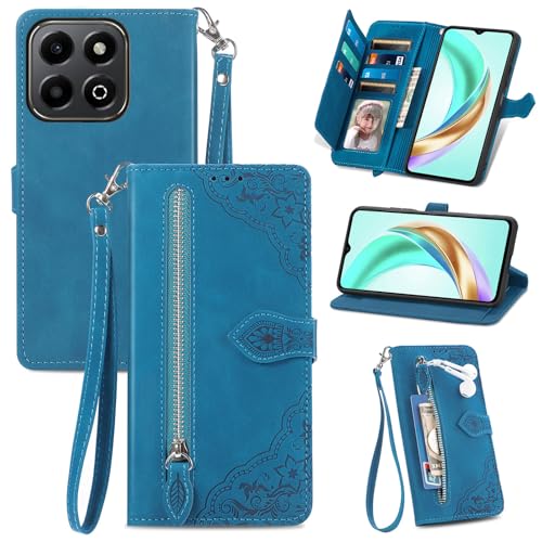Fertuo Cover per Honor X6b, Custodia a Libro in Pelle PU Flip Case con Porta Carte, Chiusura Magnetica e Cinturino [Disegni di Fiori] Portafoglio Antiurto per Honor X6b, Blu