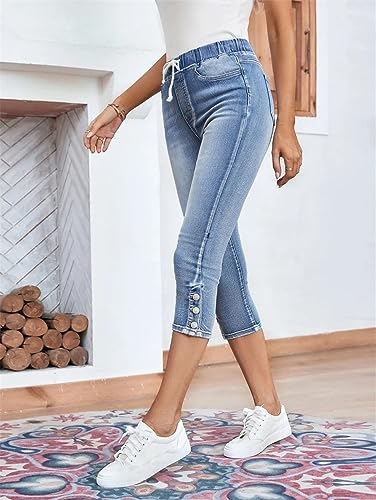 Women's Calf-Length Jeans Fashion Skinny High Stretch Elastic Waist Denim Pencil Pants Casual Slim Jeans Light Blue M3